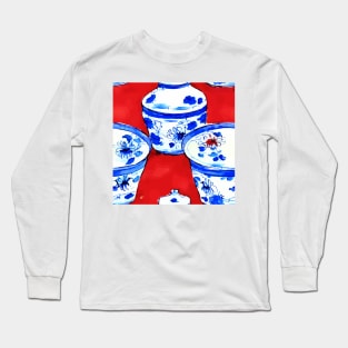 Blue and white chinoiserie bowls on red background Long Sleeve T-Shirt